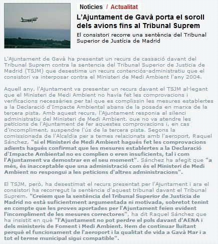 Notícia publicada a l'edició digital del periòdic municipal de Gavà (EL BRUGUERS) on s'anuncia que l'Ajuntament de Gavà porta el soroll dels avions fins el Tribunal Suprem (19 de setembre de 2008)